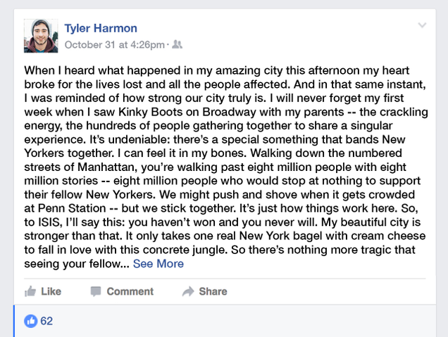 Illustration for article titled Slow Down, Buddy: This 25-Year-Old Who Moved To NYC 4 Months Ago Just Wrote A 1,500-Word Facebook Post About How New Yorkers Stand Together In The Face Of Terror